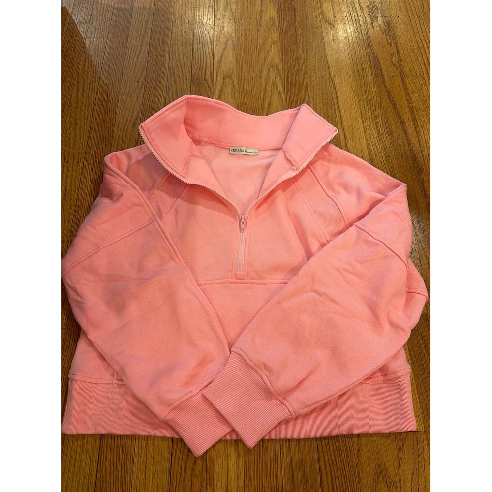Zenana Womens Pink Half Zip Pullover Sweatshirt Cropped Fleece Lined Large
